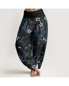 Buddha Stones Cotton Small White Blossoms Green Leaves Women's Elastic Waist Harem Pants - SaddleBrown / US22，UK/AU26，EU54 (6XL)