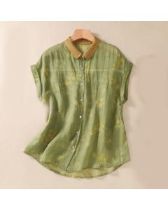 Buddha Stones Small Yellow Flower Leaves Buttons Short Sleeve Women's Shirt - SkyBlue / US8-10，UK/AU12-14，EU40-42 (2XL)