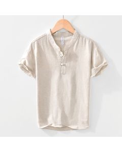 Buddha Stones Soft Plain Frog-button Crew Neck Cotton Linen Half Button Men's Shirt - Beige / US/UK/AU36，EU46 (L)