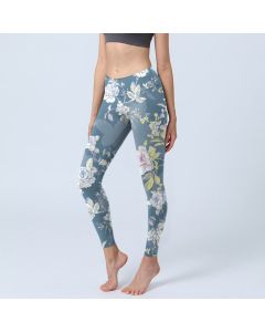 Buddha Stones Softly Colored Flower Leaf Pattern Print Gym Leggings Women's Yoga Pants - SteelBlue / US18，UK/AU22，EU50 (4XL)