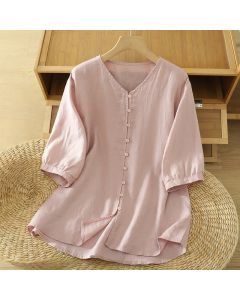 Buddha Stones Solid Buttons V-Neck Half Sleeve Women's Shirt - Thistle / US12，UK/AU16，EU44 (2XL)