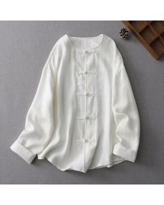 Buddha Stones Solid Color Button Long Sleeve Women's Shirt - White / US8-10，UK/AU12-14，EU40-42 (L)