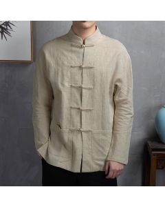 Buddha Stones Solid Color Casual Frog-button Men's Shirt Clothing - Black / US/UK/AU44，EU54 (5XL)