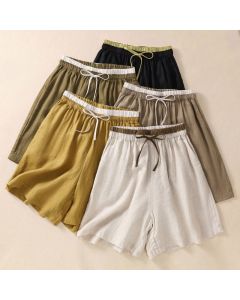 Buddha Stones Solid Color Contrast Color Waist Lace-up Cotton Linen Women's Shorts With Pockets - Gold / US8-10，UK/AU12-14，EU40-42 (2XL)