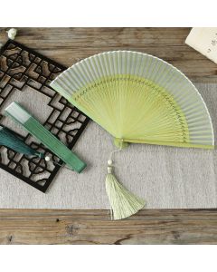 Buddha Stones Solid Color Dragonfly Tassel Handheld Mulberry Silk Bamboo Folding Fan - ForestGreen Dragonfly 23cm