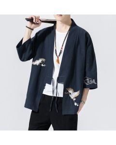 Buddha Stones Embroidery Open Front Jacket Men's Three Quarter Sleeve Kimono - Crimson / US/UK/AU44，EU54 (4XL)