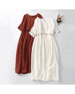 Buddha Stones Solid Color Embroidery Short Sleeve Midi Dress With Pockets - FireBrick / US12，UK/AU16，EU44 (2XL)