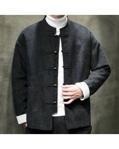 Buddha Stones Solid Color Frog-button Men's Jacket Shirt Clothing - Gray / US/UK/AU46，EU56 (5XL)