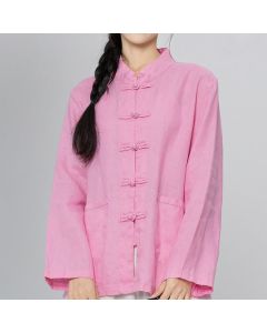 Buddha Stones Solid Color Frog-button Long Sleeve Linen Women's Shirts With Pockets - White / US4，UK/AU8，EU36 (L)