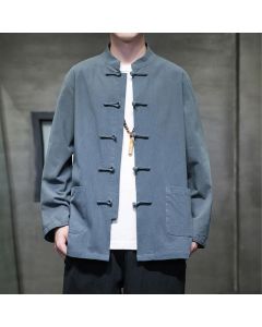 Buddha Stones Solid Color Frog-button Tang Suit Cotton Linen Men's Jacket Shirt With Pockets - SteelBlue / US/UK/AU36，EU46 (L)