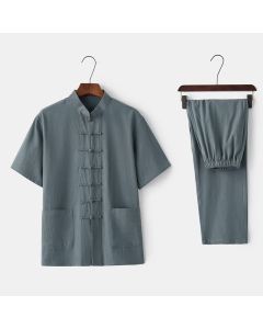 Buddha Stones Solid Color Frog-Button Tang Suit Traditional Cotton Linen Short Sleeve Top Pants Clothing Men's Set - Red(Top&Pants) / US/UK/AU44，EU54 (4XL)