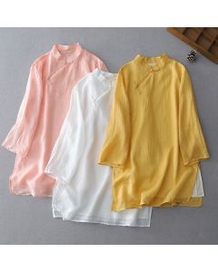 Buddha Stones Solid Color Frog-Button Three Quarter Sleeve Double Layer Shirt - MistyRose / US8-10，UK/AU12-14，EU40-42 (2XL)
