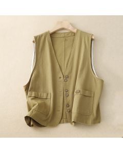 Buddha Stones Solid Color Front Buttons Sleeveless Women's Cotton Waistcoat With Pockets - Beige / US8-10，UK/AU12-14，EU40-42 (2XL)