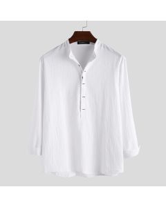 Buddha Stones Solid Color Half Buttons Long Sleeve Cotton Men's Shirts - Tan / US/UK/AU42，EU52 (3XL)