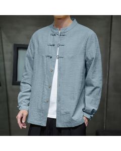 Buddha Stones Solid Color Half Frog-button Tang Suit Cotton Linen Men's Jacket Shirt - Yellow / US/UK/AU46，EU56 (5XL)