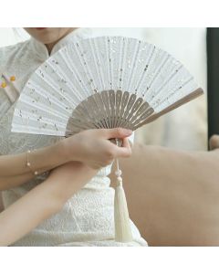 Buddha Stones Solid Color Hollow Flowers Embroidery Cotton Fabric Handheld Bamboo Folding Fan - Black (Flower Embroidery Black Ribs)-21cm
