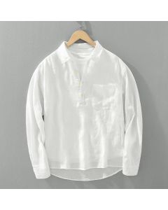 Buddha Stones Solid Color Loose Long Sleeve Half Button Shirt Linen Men Clothing - DarkBlue / US/UK/AU42，EU52 (3XL)