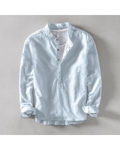 Buddha Stones Solid Color Long Sleeve Half Button Shirt Cotton Linen Men Clothing - Gainsboro / US/UK/AU40，EU50 (2XL)