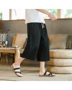 Buddha Stones Solid Color Mid-length Men's Wide Leg Pants With Pockets - Black / US/UK/AU36，EU46 (L)