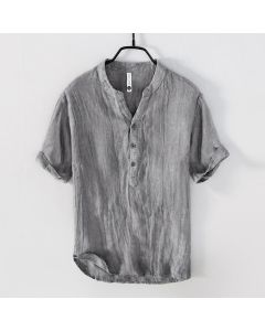 Buddha Stones Solid Color Short Sleeve Half Button Shirt Cotton Linen Men Clothing - Roll-Up 3/4 Sleeve Design / SteelBlue / US/UK/AU50，EU60 (5XL)
