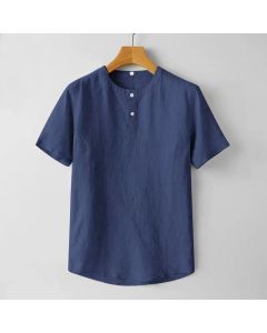 Buddha Stones Solid Color Short Sleeve Two Top Buttons Polyseter Linen Men's Shirt - LightSkyBlue / US/UK/AU38，EU48 (XL)