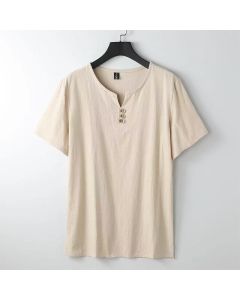Buddha Stones Solid Color V-neck Three Top Buttons Short Sleeve Cotton linen Men's Shirt - White / US/UK/AU42，EU52 (4XL)