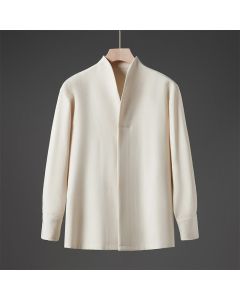 Buddha Stones Solid Fall Long Sleeve Hidden Half Button Design Men's Shirts - Beige / US/UK/AU36，EU46 (L)