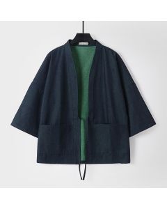 Buddha Stones Solid Lace-up Open Front Three Quarter Sleeve Jacket Men's Denim Cotton Kimono - SteelBlue / US/UK/AU54，EU64 (9XL)