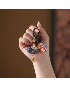 Buddha Stones Song Brocade Fan Blessing Keychain - Gold