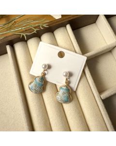Buddha Stones Song Brocade Pearl Gourd Healing Handmade Stud Dangle Earrings - Lake Blue(Same Color Tone – Pattern Varies)