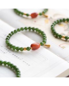 Buddha Stones Spinach Green Hetian Jade Red Agate Luck Bracelet - Natural Jade(Wrist Circumference: 5.5–5.9 in/14–15 cm)