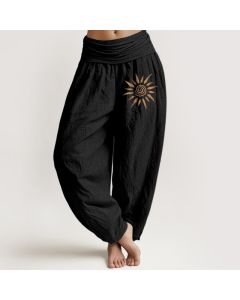 Buddha Stones Spiral Center Sun Pattern Women's Elastic Waist Harem Pure Cotton Pants - OliveDrab / US22，UK/AU26，EU54 (6XL)