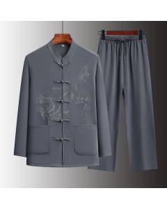 Buddha Stones Spring 2Pcs Fall Tang Style Mandarin Collar Frog Button Embroidery Dragon Shirt Pants Men's Meditation Cloth With Pockets - DarkGray / US/UK/AU36,EU46 (L)