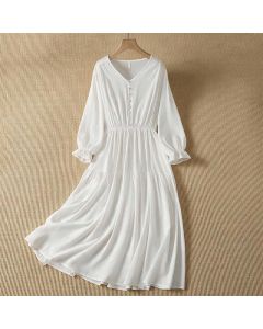 Buddha Stones Spring Boho Button-Up Solid Women's Long Sleeve Dress With Pocket - White / US4, UK/AU8, EU36 (L)
