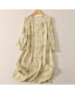 Buddha Stones Spring Boho Elegant Floral Women's Long Sleeve Dress - Beige / US4, UK/AU8, EU36 (M)