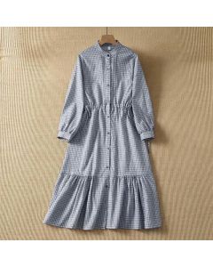 Buddha Stones Spring Casual Button-Up Plaid Women's Long Sleeve Dress - LightSteelBlue / US4, UK/AU8, EU36 (L)
