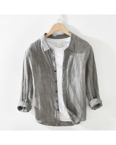 Buddha Stones Spring Casual Button-Up Solid Linen Men's Long Sleeve Shirts - Gray / US/UK/AU36，EU46 (L)