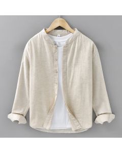 Buddha Stones Spring Casual Mandarin Collar Button-Up Solid Cotton Linen Men's Long Sleeve Shirts - Linen / US/UK/AU36，EU46 (L)
