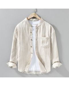 Buddha Stones Spring Casual Mandarin Collar Solid Linen Men's Long Sleeve Shirts With Patch Pocket - Beige / US/UK/AU36，EU46 (L)