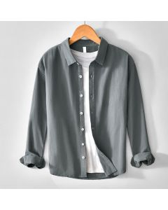 Buddha Stones Spring Casual Minimalist Button-Up Solid Cotton Men's Long Sleeve Shirts - DimGray / US/UK/AU36, EU46 (L)