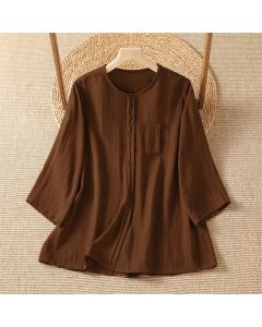 Buddha Stones Spring Casual Minimalist Button-Up Solid Women's Three-Quarter Sleeve Shirts With Patch Pocket - Sienna / US4-8/10,UK/AU8-12/14,EU36-40/42 (F)