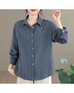 Buddha Stones Spring Casual Minimalist Button-Up Striped Patchwork Women's Long Sleeve Shirts With Patch Pocket - SteelBlue / US4, UK/AU8, EU36 (L)