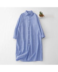 Buddha Stones Spring Casual Minimalist Button-Up Striped Women's Long Sleeve Dresses - LightSteelBlue / US4, UK/AU8, EU36 (M)