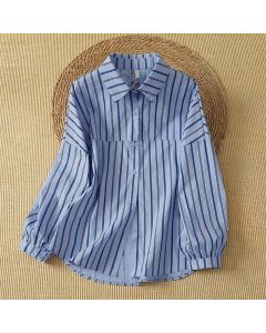 Buddha Stones Spring Casual Minimalist Button-Up Vertical Striped Women's Long Sleeve Shirts - CornflowerBlue / US4, UK/AU8, EU36 (M)