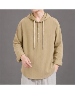 Buddha Stones Spring Casual Minimalist Drawstring Striped Men's Long Sleeve Shirts - DarkKhaki / US/UK/AU36, EU46 (L)
