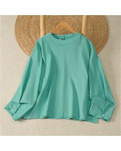 Buddha Stones Spring Casual Minimalist Green Striped Crew Neck Women's Long Sleeve T-Shirt - MediumAquamarine / US6, UK/AU10, EU38 (M)