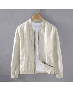 Buddha Stones Spring Casual Minimalist Solid Zipper Design Linen Men's Jacket With Pockets - BlanchedAlmond / US/UK/AU36，EU46 (L)