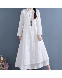 Buddha Stones Spring Casual Plain Frog-Button Design Side Lace-Up Midi Dress - LightPink / US8-10，UK/AU12-14，EU40-42 (2XL)