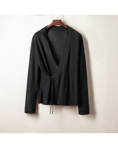 Buddha Stones Spring Casual Plain Solid Lace-up V-Neck Men's Kimono - Black / US/UK/AU36，EU46 (L)