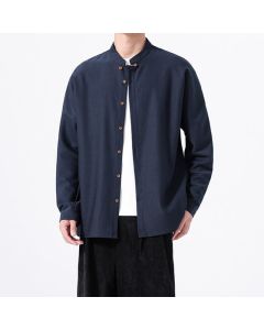 Buddha Stones Spring Casual Tang Style Button-Up Solid Men's Long Sleeve Shirts - Navy / US/UK/AU36,EU46 (L)